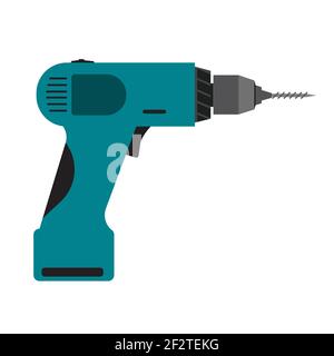 Power drill tool electric equipment isolated white icon vector illustration. Repair instrument power drill tool handle icon. Construction device machi Stock Vector