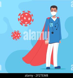 The doctor is a modern super hero. The doctor in a blue uniform has a red cloak, a phonendoscope on his neck, and bacteria next to him. Medical team in the context of the Covid-19 coronavirus pandemic, Stock Vector
