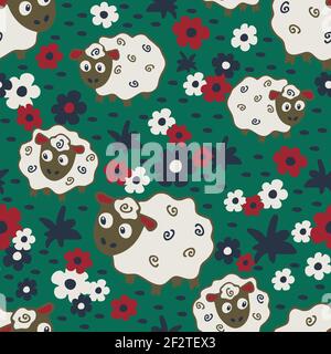 Seamless vector pattern with sheep and flowers on turquoise background. Simple animal wallpaper design on green. Floral fashion textile. Stock Vector