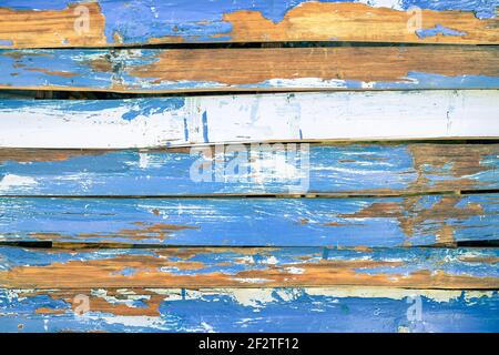 Cyan blue wood background and alternative construction material - Texture on wooden panel in outer fence structure - Retro seamless backdrop pattern Stock Photo