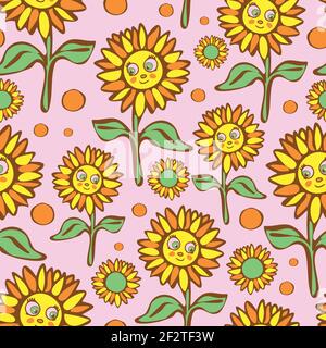 Seamless vector pattern with sunflowers on pink background. Cartoon floral smiley face wallpaper design for children. Happy fashion textile. Stock Vector