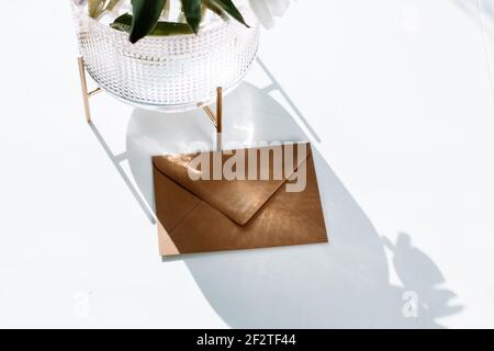 Envelop flat lay for wedding, birthday, business invitation beautiful stationary for Instagram or digital marketing business Stock Photo