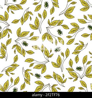 Seamless vector pattern with leaves and beetles on white background. Simple wallpaper design with leaf and bugs. Stock Vector