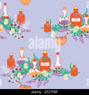 Seamless vector pattern with herb bottles and flowers on light blue background. Aromatherapy wallpaper design with lavender and chamomile. Stock Vector