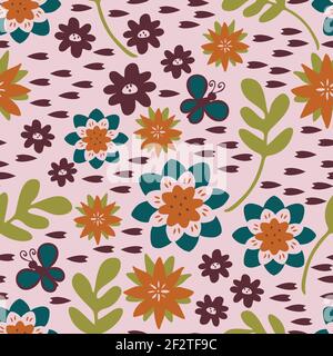 Seamless vector pattern with flowers on pink background. Simple floral wallpaper design. Ditsy fashion textile. Stock Vector