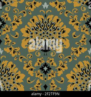 Seamless vector pattern with damask style peacock on grey blue background. Romantic luxury wallpaper design with bird. Stock Vector