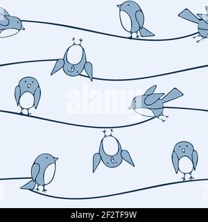 Seamless vector pattern with bluebirds on line. Cute funny hand drawn birds wallpaper design for children. Simple fashion textile print. Stock Vector