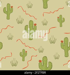 Seamless vector pattern with cactus on stone grey background. Simple cartoon desert plant wallpaper design. Stock Vector