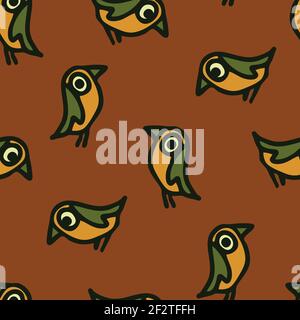 Seamless vector pattern with cartoon birds on brown background. Simple decorative wallpaper design with robins. Fun wildlife fashion textile. Stock Vector