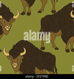 Seamless vector pattern with buffaloes on green background. Textured fur on bison. Animal wallpaper design. Stock Vector