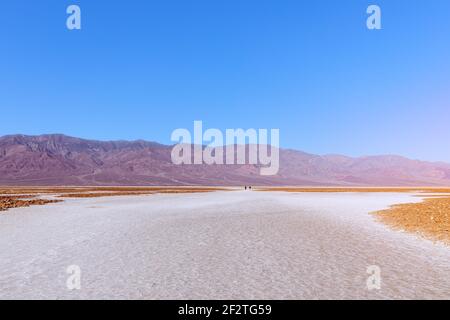 View of the Basins salt flats, Badwater Basin, Death Valley, Inyo County, salt Badwater formations in Death Valley National Park. California, USA Stock Photo
