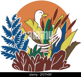 Color illustration of goose hugs reeds. Waterfowl and grass. Vector badge. EPS 10 Stock Vector