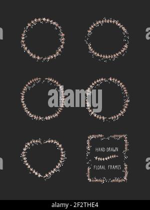 Vector set of floral hand drawn frame on black background. Decorative wreaths collection. Gold and white elements. Stock Vector