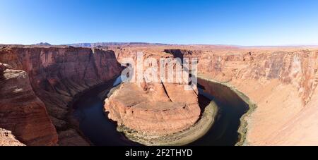 Beautiful panoramic view of Horseshoe Bend and Colorado River on sunny day. Page, Arizona, Usa. Stock Photo