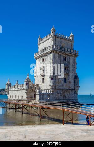 Torre de Belém, the Belém Tower, the iconic Portuguese landmark standing near the estuary of the Tejo River in Lisbon, Portugal. Stock Photo