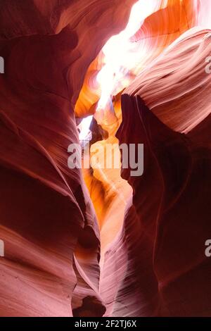 Beautiful view of amazing sandstone formations in famous Antelope Canyon on a sunny day near town Page. Arizona, USA Stock Photo