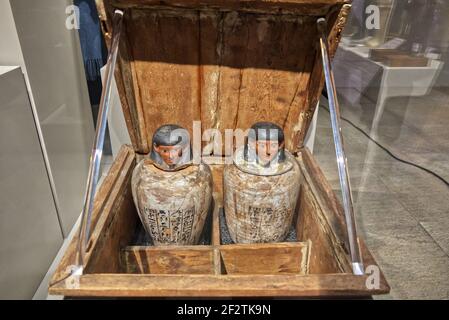 Egyptian Museum, Turin, Italy - February 2021: decorated canopic vases Stock Photo