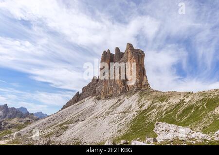 View of Tre Cime di Lavaredo from the other side. Tre Cime Natural Park. South Tyrol, Italy Stock Photo