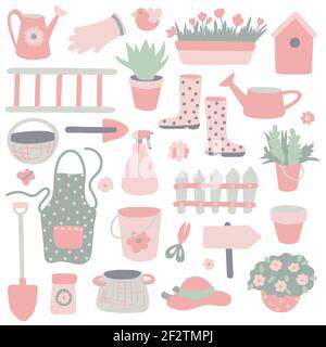 Cute spring set with garden tools in green and pink color. Collection for gardening. Simmer farm live. Vector flat hand drawn illustration Stock Vector