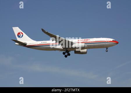 China Eastern Airlines Airbus A330-200 with registration B-6543 on final for runway 07R of Frankfurt Airport. Stock Photo
