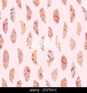 Cute pink boho seamless pattern with feathers. Summer backgound in pastel colors. Paper, print, fabric, textile design. Vector illustration. Stock Vector