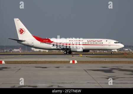 Air Algerie Boeing 737-800 with registration 7T-VJO lining up runway 18 (called Startbahn West) of Frankfurt Airport. Stock Photo