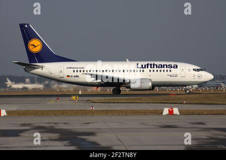 German Lufthansa Boeing 737-500 with registration D-ABIL lining up runway 18 (called Startbahn West) of Frankfurt Airport. Stock Photo