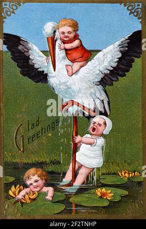 1930s Fantasy Illustration of Human Babies Riding on the Back of a White Stork, Ciconia ciconia, with Water Lilies in Pond of Wetland Stock Photo