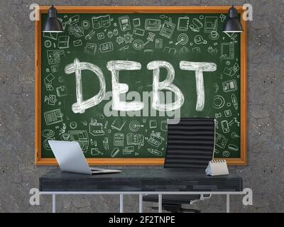 Chalkboard on the Office Wall with Debt Concept. Stock Photo