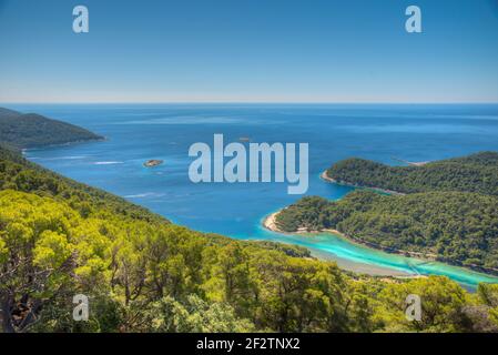 Aerial view of a bay at Soline village in Mljet national park in Croatia Stock Photo