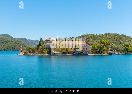 Small island with benedictine monastery of Saint Mary at Mljet national park in Croatia Stock Photo