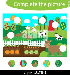 Complete the puzzle and find the missing parts of the picture, farm animals fun education game for children, preschool worksheet activity for kids Stock Photo