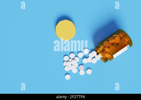 Top view of white pills spilling out of pill bottle isolated on blue background. 3d illustration. Stock Photo