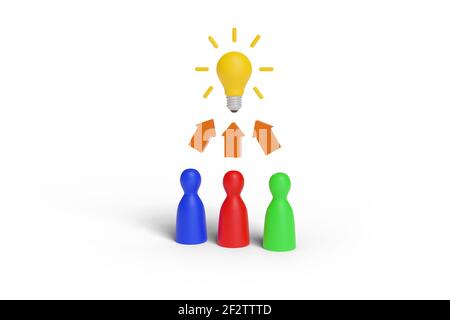 Three colorful pawns have a light bulb. Teamwork concept. 3d illustration. Stock Photo