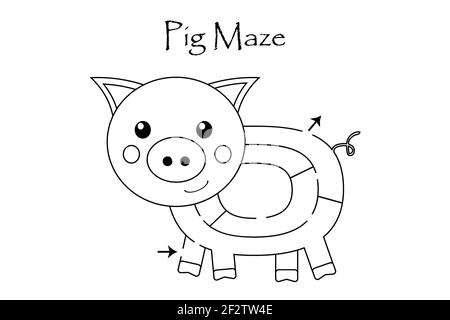 Labyrinth game, find a way out of the maze, easy level for toddlers, cartoon pig, preschool worksheet activity for kids, task for the development of Stock Photo