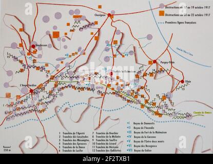 A map showing the location of trenches along the western front at Chemin des Dames France Stock Photo