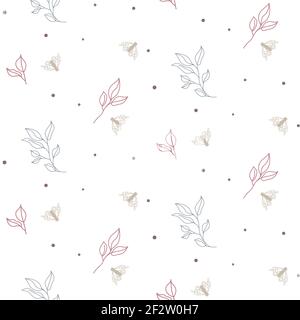 Seamless foliage and moths pattern with tiny small leaves on white. Stock Vector