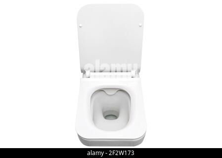 White ceramic toilet with an open flap, isolated on a white background with clipping path. Stock Photo