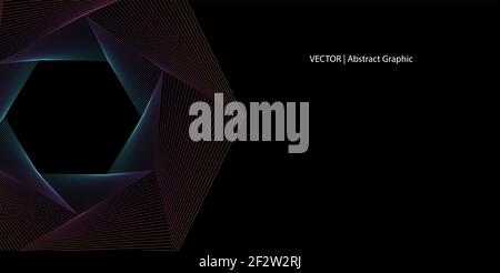 A vector graphic of a multi color hexagon on black background.  Website banner page design. Stock Vector