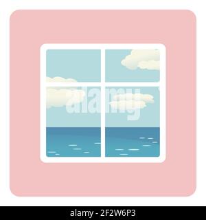 Blue sea and beach behind open window - illustration of summer vacation. vector sea outside window. Stay at home Stock Vector
