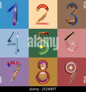 Abstract 3d render numbers one to nine set Stock Photo