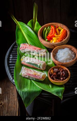 Fresh ingredients for spring rolls. Vietnamese cuisine. Stock Photo