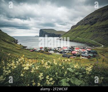 Tjornuvik beautiful town in the Faroe Islands, sit on the north coast of Streymoy, Beautiful Scandinavian Village, Located On The Faroe Islands Stock Photo