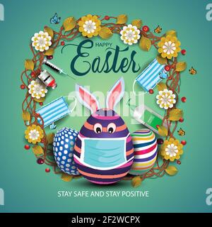 happy Easter greetings. egg wearing medical mask. vector illustration design. covid-19, corona virus concept Stock Vector