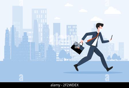 Businessman with briefcase in his hand and mask on his face running fast holding his mobile. Late person rushing to get on time to the office during t Stock Vector