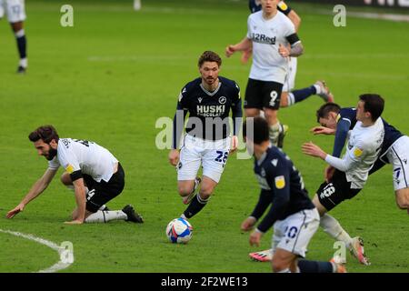 Derby, UK. 13th Mar, 2021. George Evans #28 of Millwall runs with the ball in Derby, UK on 3/13/2021. (Photo by Conor Molloy/News Images/Sipa USA) Credit: Sipa USA/Alamy Live News Stock Photo