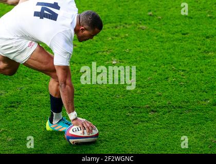Twickenham, London, UK. 13th Mar, 2021. International Rugby, Six Nations, England versus France; Anthony Watson of England touchese down and scores down the line for 7-7 in the 10th minute Credit: Action Plus Sports/Alamy Live News Stock Photo