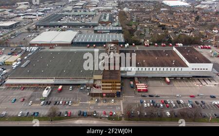 An aerial view of the Royal Mail sorting office on Penarth Road in Cardiff, Wales, United Kingdom. Stock Photo