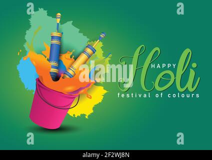 happy Holi, poster, banner, template. colorful bucket and pichkari. vector illustration design. Stock Vector