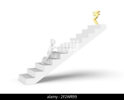 3D cartoon man striving in stairs raising hand towards Indian Rupee symbol Stock Photo